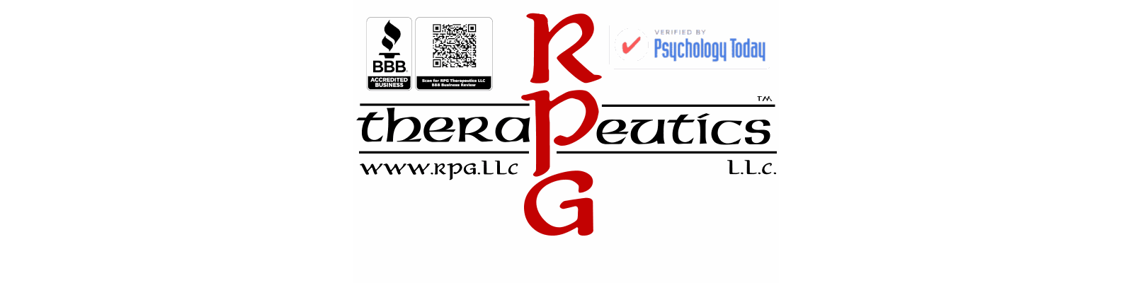 RPG Therapeutics LLC Logo with Better Business Bureau accredited logo and QR Code. Vertical red &quot;RPG&quot; in the middle and black stylized horizonal &quot;therapeutics&quot; text.